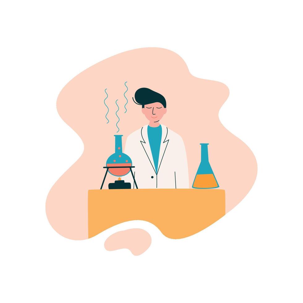 Male Scientist Chemist Character Wearing White Coat Working at Researching Lab, Scientific Research Concept Illustration vector