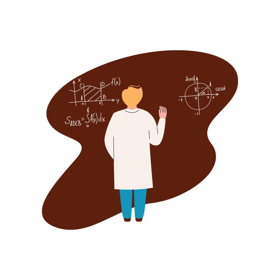 Male Scientist Professor Character Wearing White Coat Writing Formulas on Chalkboard, Back View, Scientific Research Concept Illustration vector