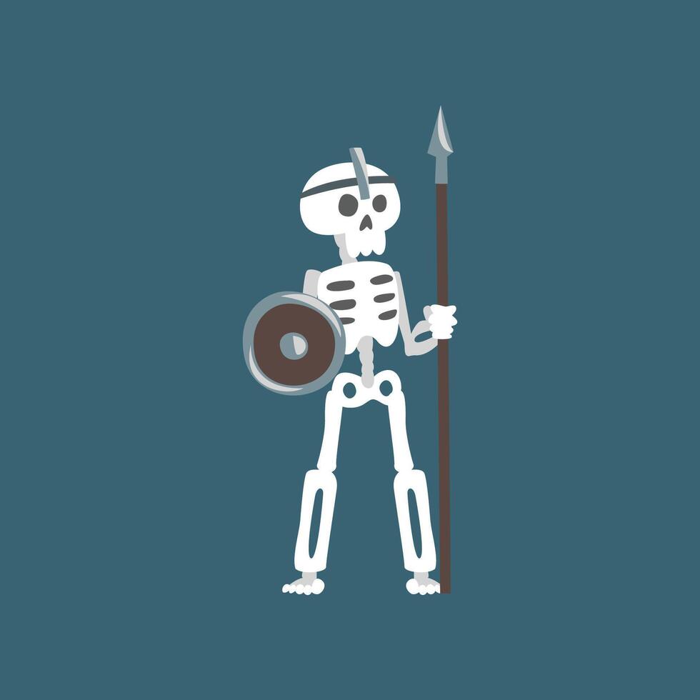 Human Skeleton Warrior Standing with Spear and Shield, Zombie Man Cartoon Character Illustration vector