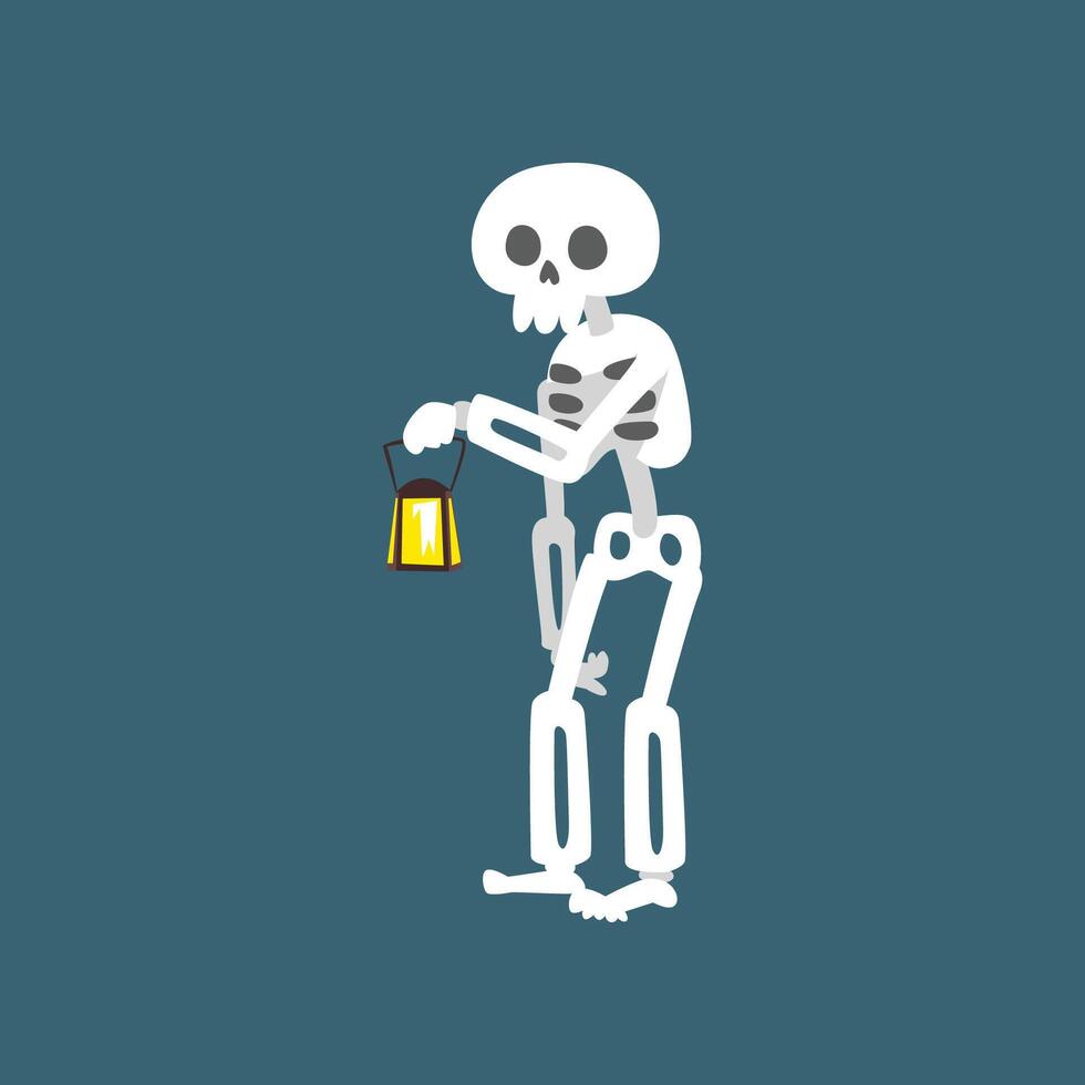 Human Skeleton Standing with Vintage Lantern, Dead Man Cartoon Character Illustration vector