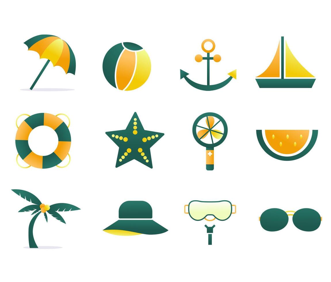 Set of summer elements. Summer icon. Beach icon set. . Summertime vacation, beach umbrella and sunglasses, coconut tree illustrator icon. vector