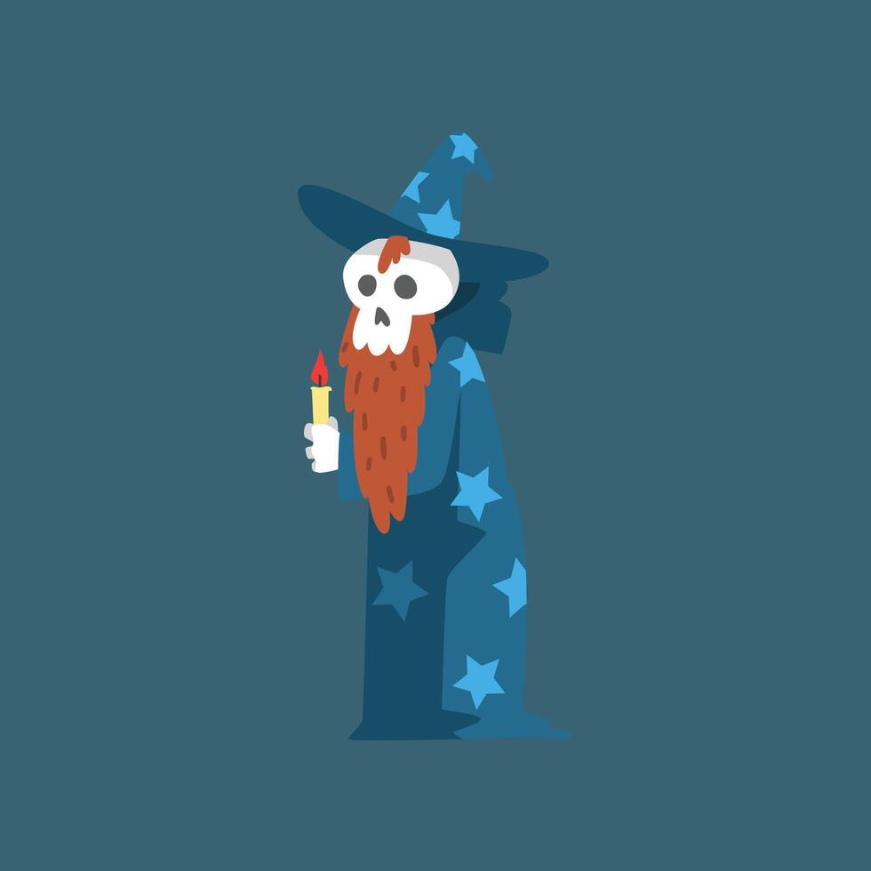 Bearded Skeleton Sorcerer, Funny Dead Man Cartoon Character Wearing Blue Mantle with Stars and Pointed Hat Illustration vector