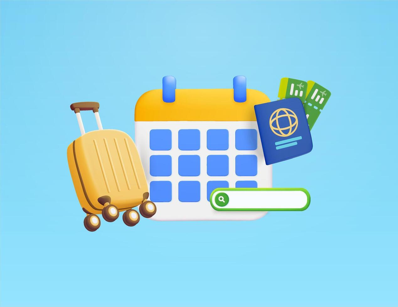 3D calendar with suitcase, passport, airplane tickets, search bar isolated on background. Design concept for tourism and travel, Booking airline tickets, holiday vacation. 3D illustration vector