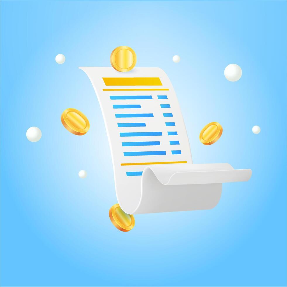 3d receipt or bill, check on blue bacground. With flying coins. Contract or receipt on a blue background with flying coins. 3d illustration vector