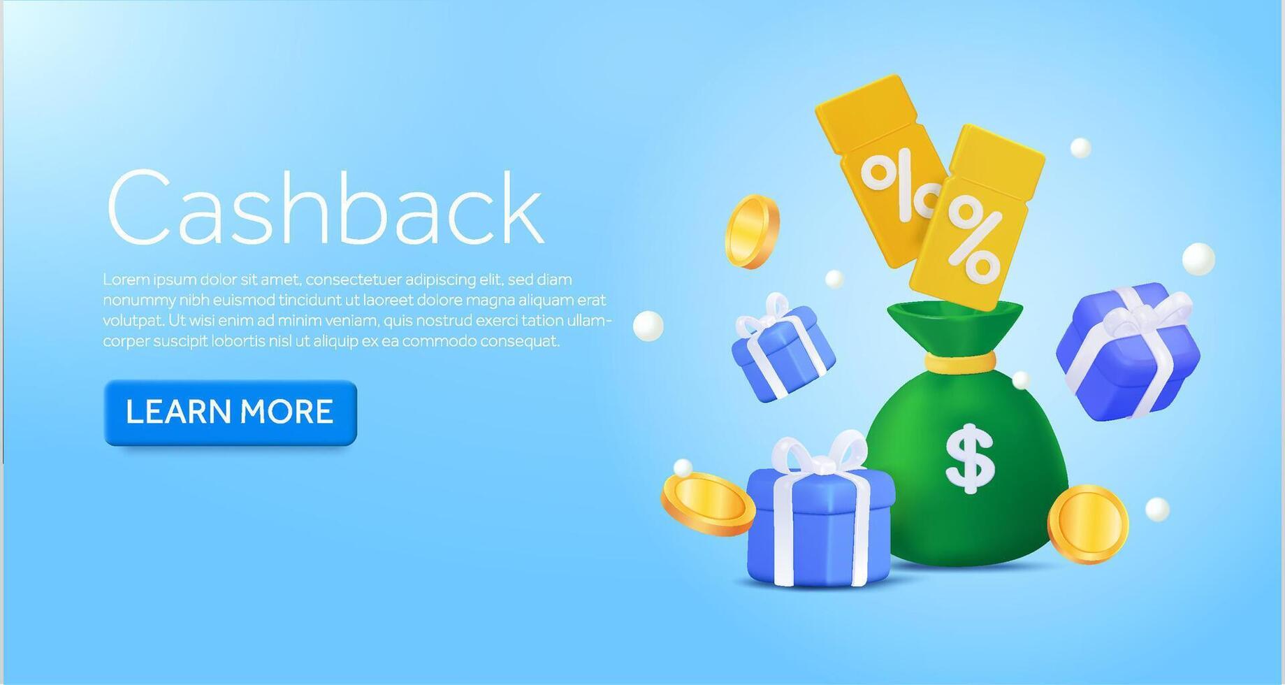 3d money bag with coupon, voucher, gift box on gradient background. cashback banner concept. Floating coins. Promotion design concept. Discount campaign banner with cta button. 3d illustration. vector
