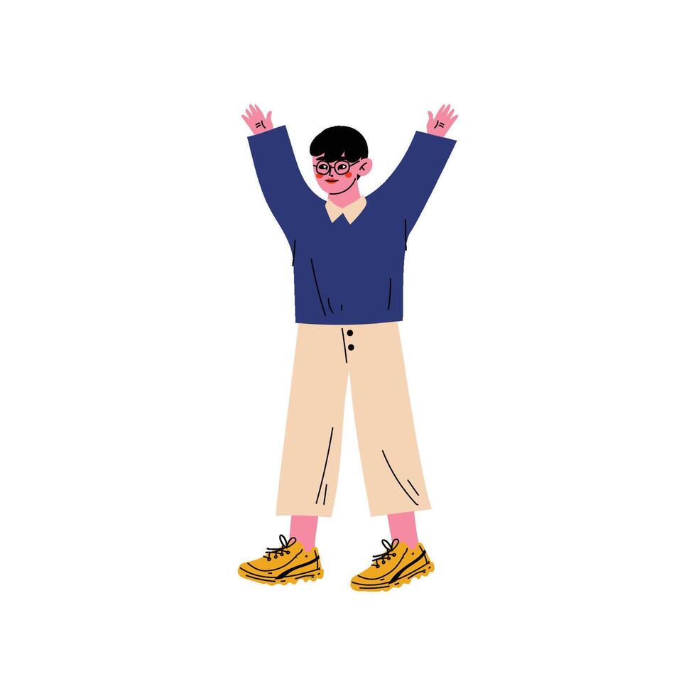 Boy Standing with His Arms Raised, Small Primary Student, Elementary School Pupil Illustration vector
