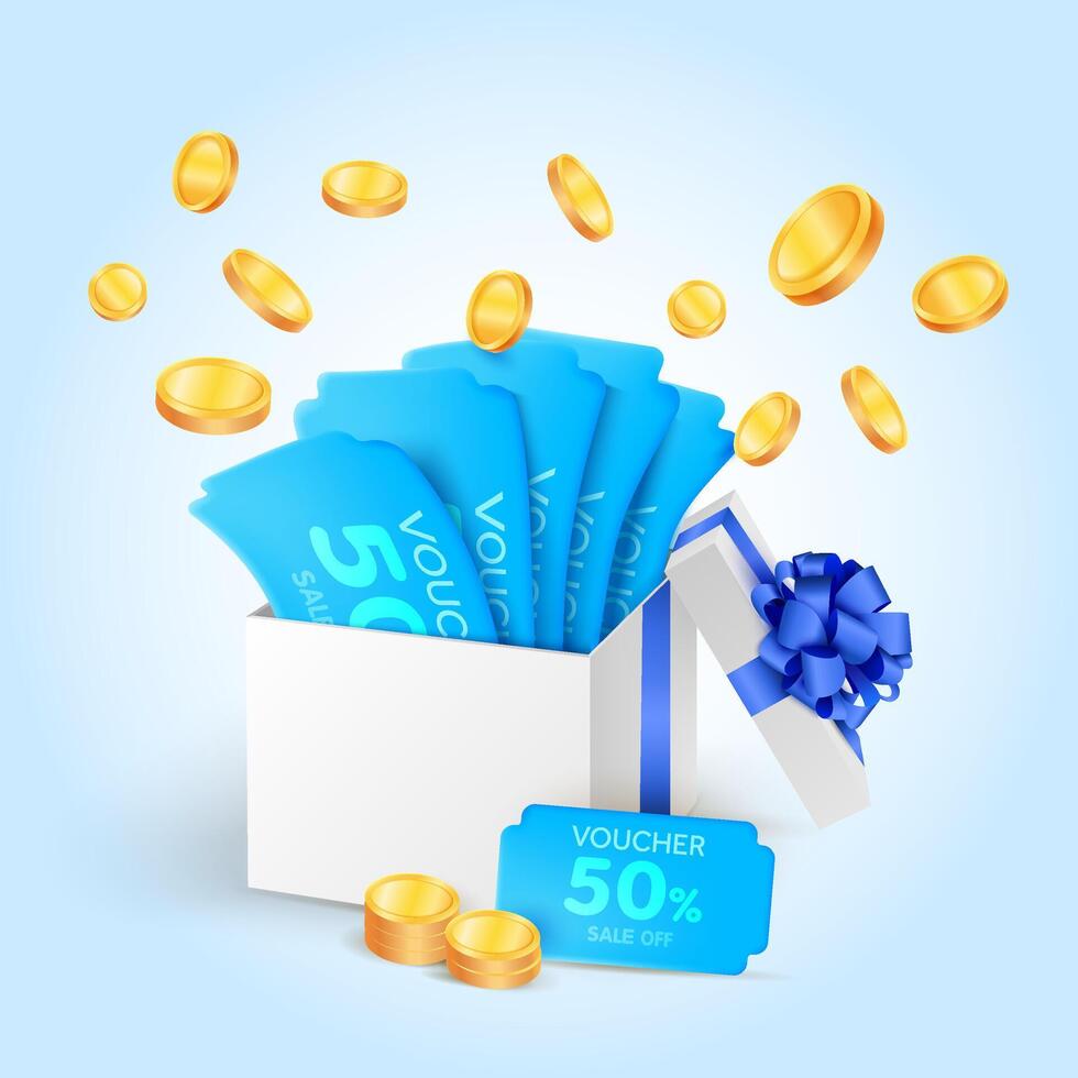 3D discount coupon and voucher illustration, gold coins, event ticket icon badge,blue gift box, special voucher concept. Holiday sale, benefit reward program offer, online shopping bonus. vector