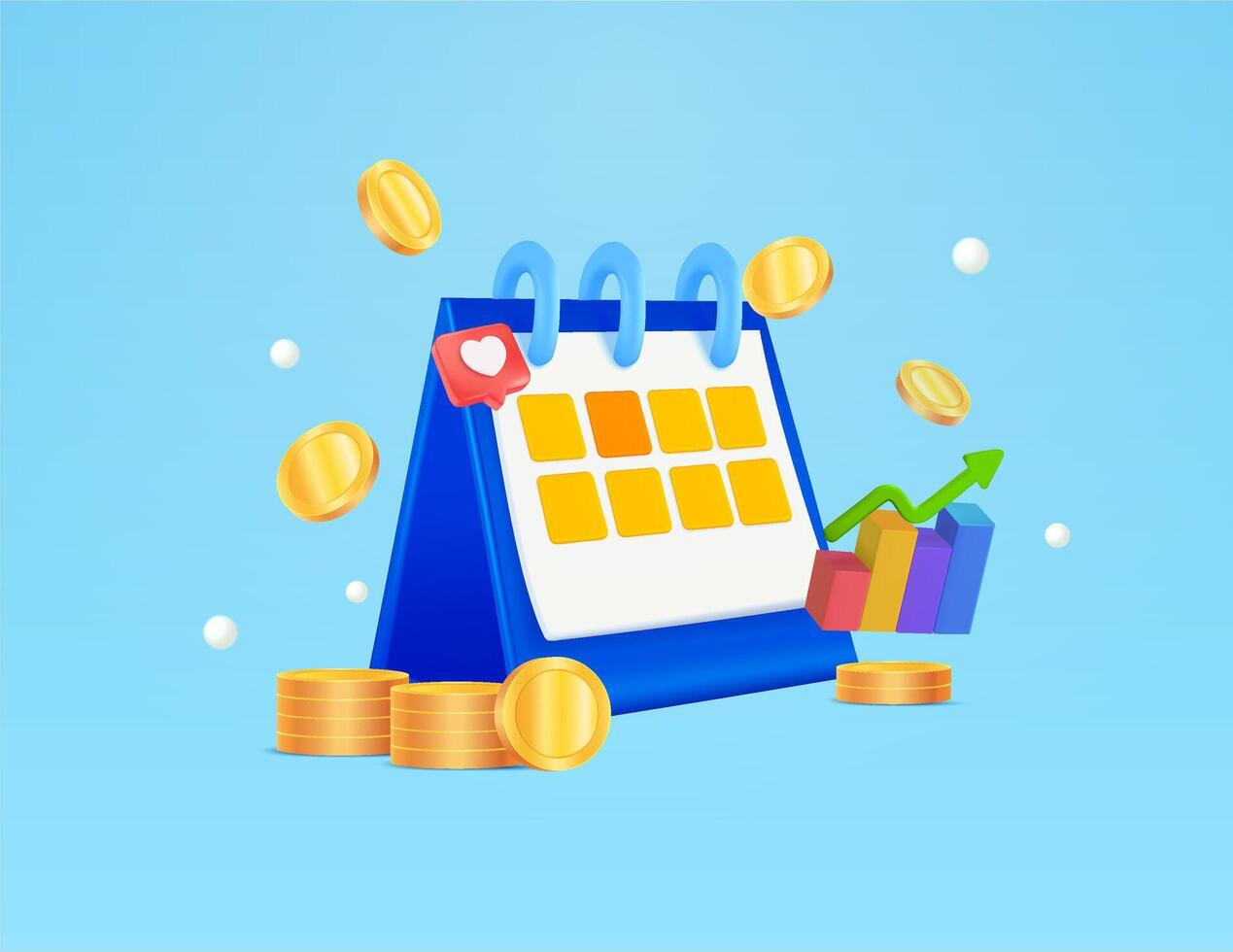3d calendar with gold coins around, growth chart and heart icon isolated on gradient background. the concept of a reminder of timely payment for services. 3d illustration. vector