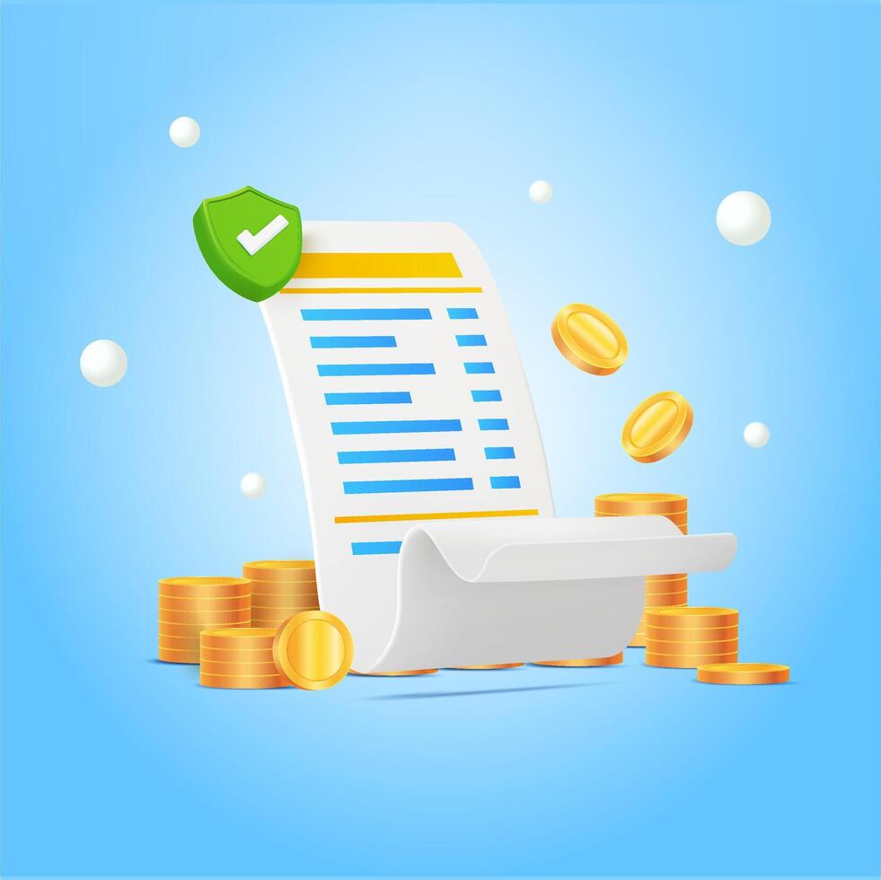 Agree bill, receipt online payments and stack coins floating, checkmark on blue background. pay money, shopping cashback, refund exchange transfer concept. E - bill. 3d illustration vector
