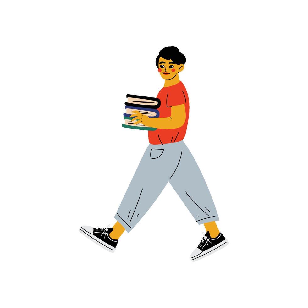 Boy in Casual Clothes Walking to School or Library with Books Illustration vector