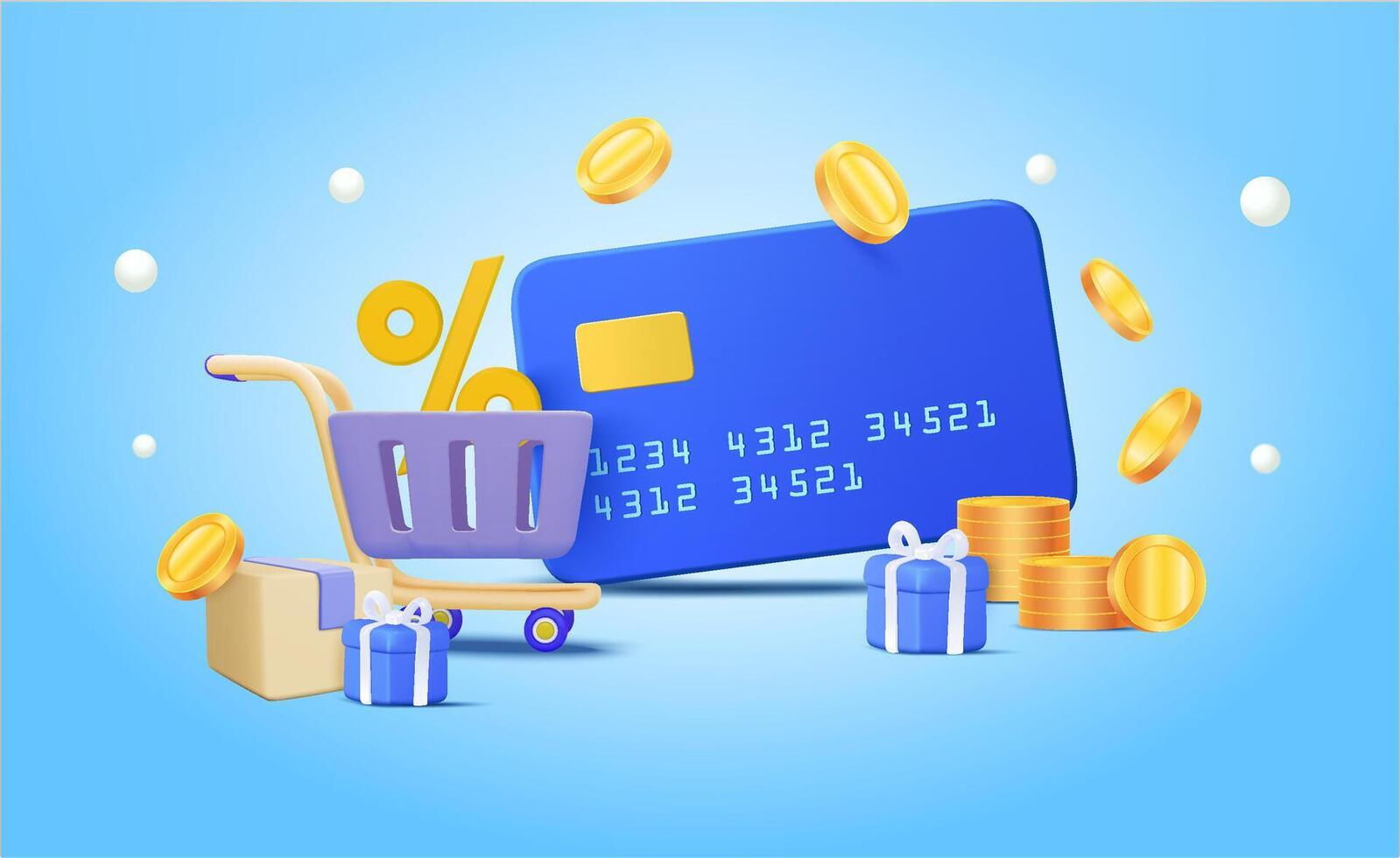 Shopping by using credit card, shopping cart, gift box, coins floating, percentage sign. Online payment and delivery concept. sale banner, bag, discount, social advertising. 3d illustration vector