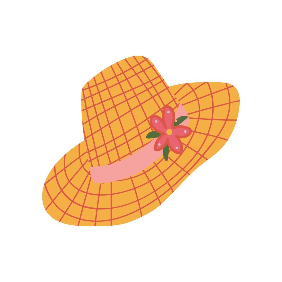 Straw Hat With Ribbon and Flower, Summer Travel Sign Symbol Illustration vector
