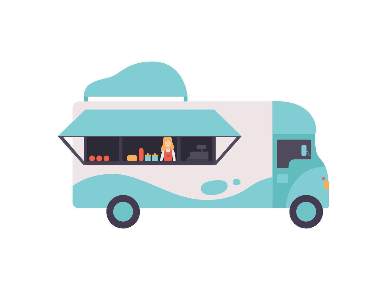 Van Bus Shop with Fast Food and Seller, Food Transport for Street Market Illustration vector