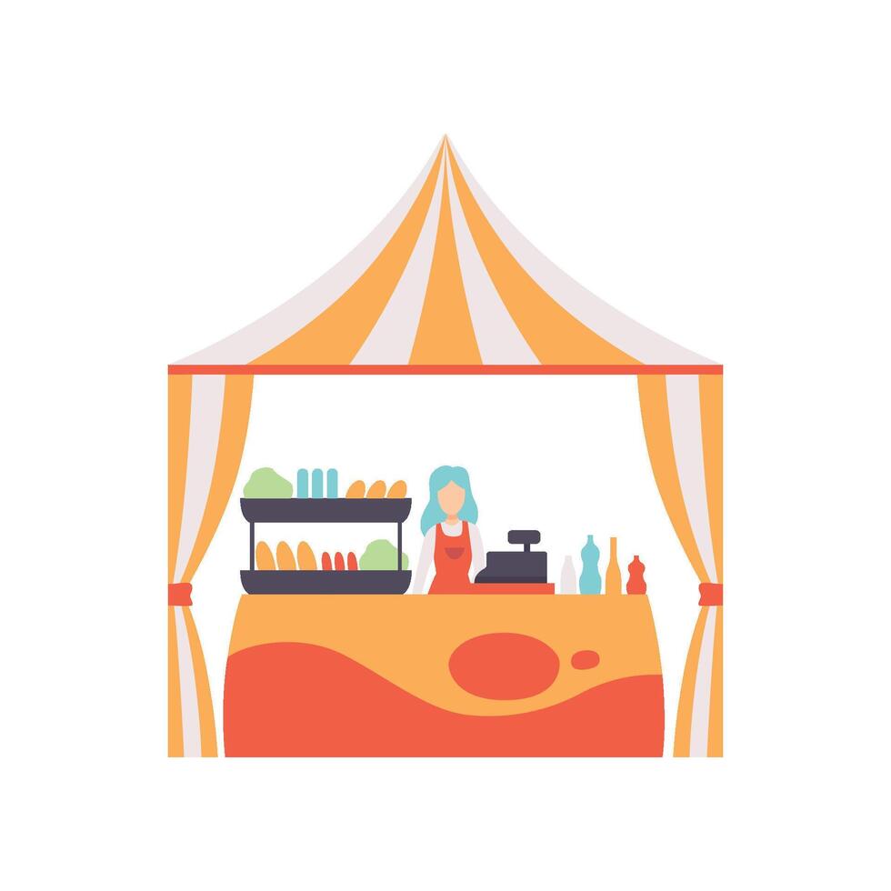 Market Food Counter with Fast Food and Female Seller, Street Trading Retail Stall Illustration vector