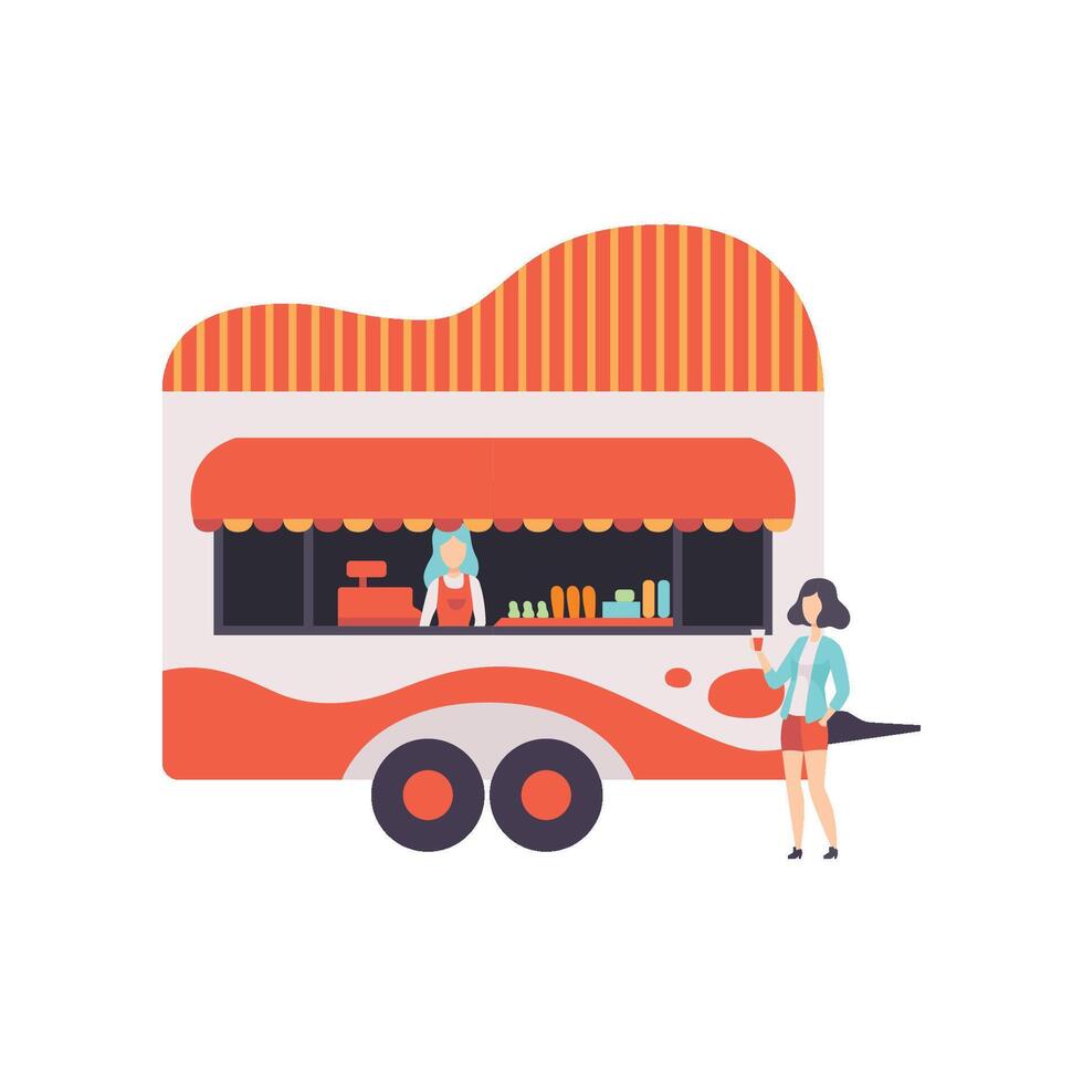 Fast Food Trailer with Seller, Street Food Transport, Mobile Shop Illustration vector