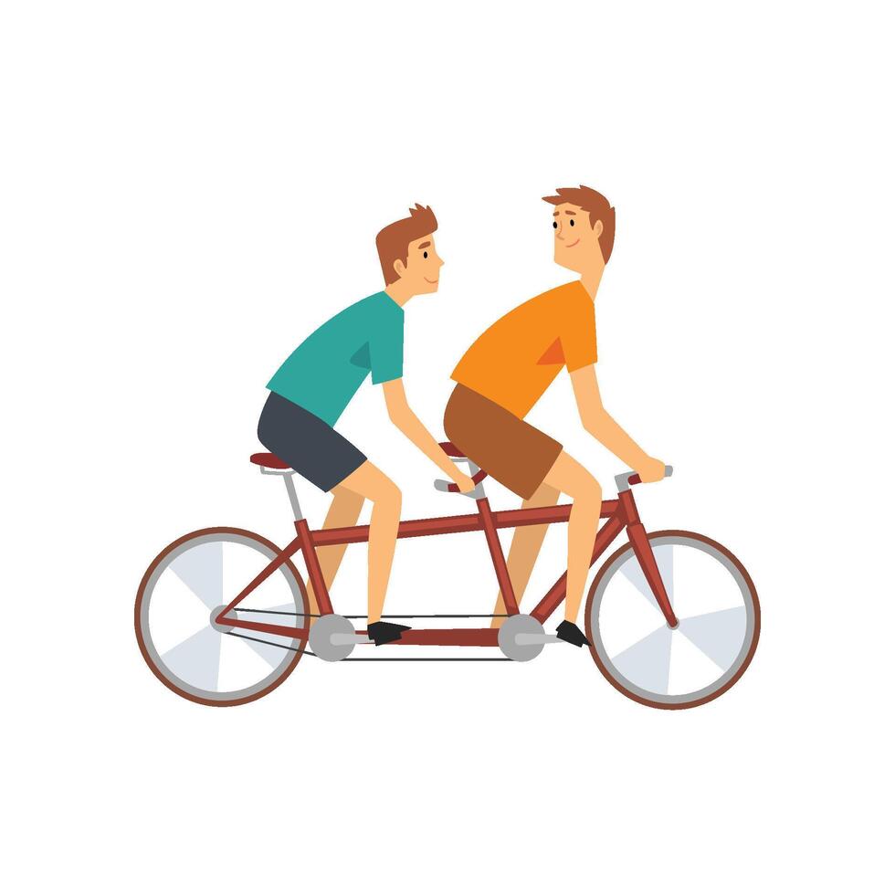 Two Men Riding Tandem Bike, Male Cyclists Characters on Bicycle Illustration vector