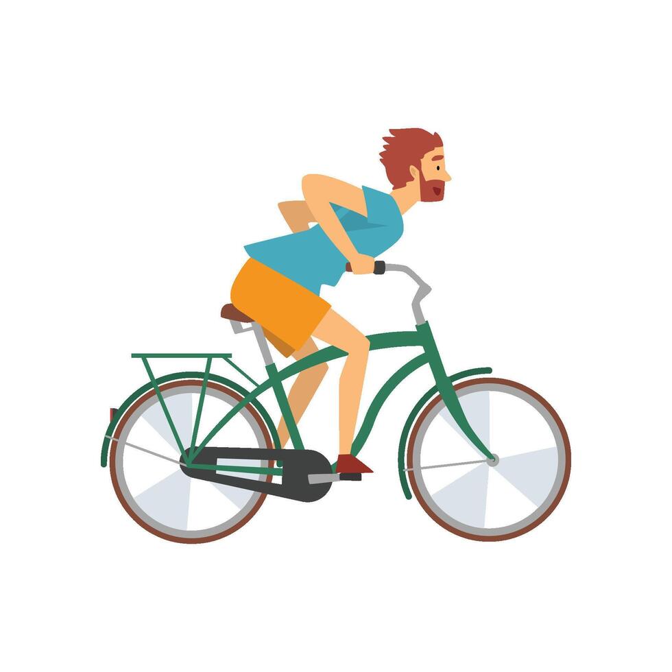 Bearded Man Riding Bike, Male Cyclist Character on Bicycle Illustration vector