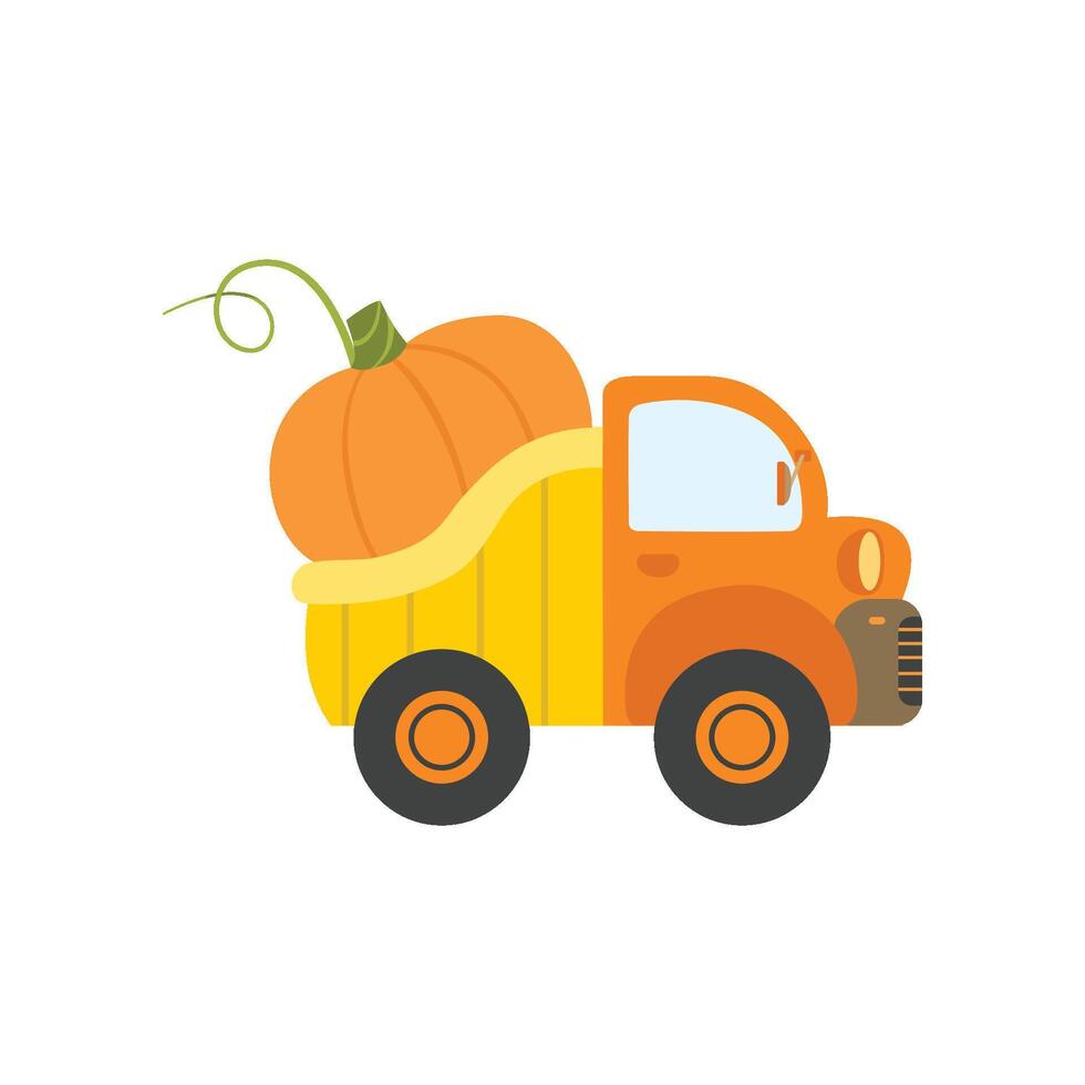 Cute Truck with Giant Pumpkin, Side View, Food Delivery, Shipping of Fresh Garden Vegetables Illustration vector