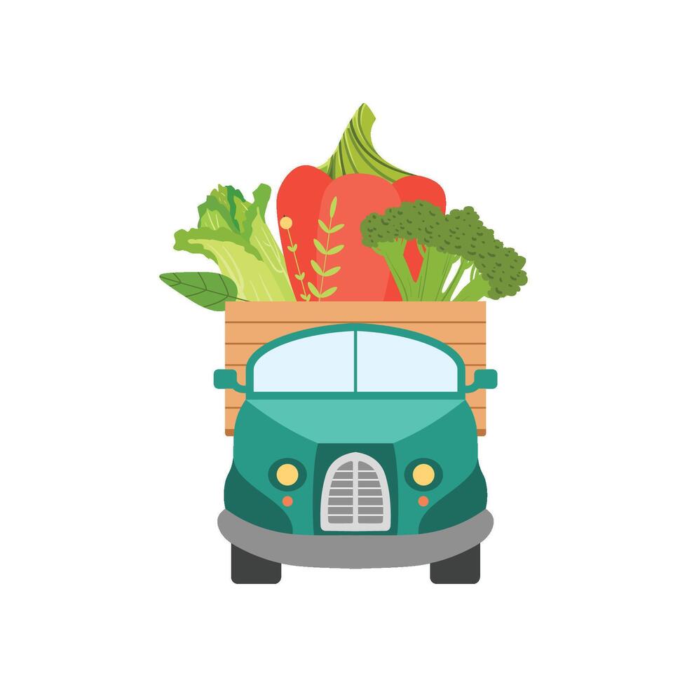 Cute Truck with Fresh Sweet Pepper, Broccoli and Chinese Cabbage, Front View, Food Delivery, Shipping of Garden Vegetables Illustration vector