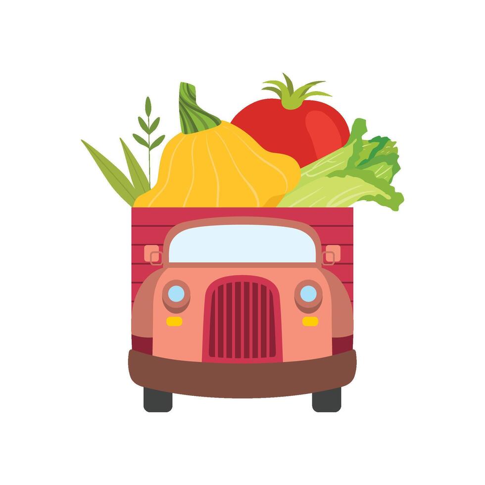 Cute Truck with Fresh Squash, Tomato and Chinese Cabbage, Front View, Food Delivery, Shipping of Garden Vegetables Illustration vector