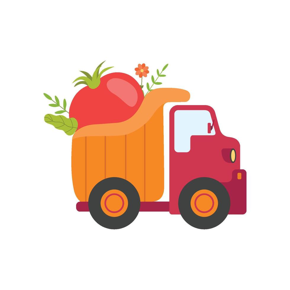 Cute Truck Delivering Tomato, Side View, Shipping of Fresh Garden Vegetables Illustration vector