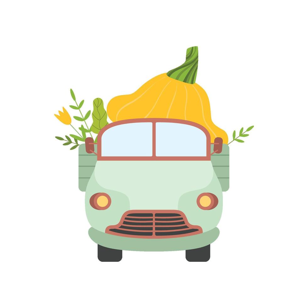 Cute Truck Delivering Giant Squash, Front View, Shipping of Fresh Garden Vegetables Illustration vector