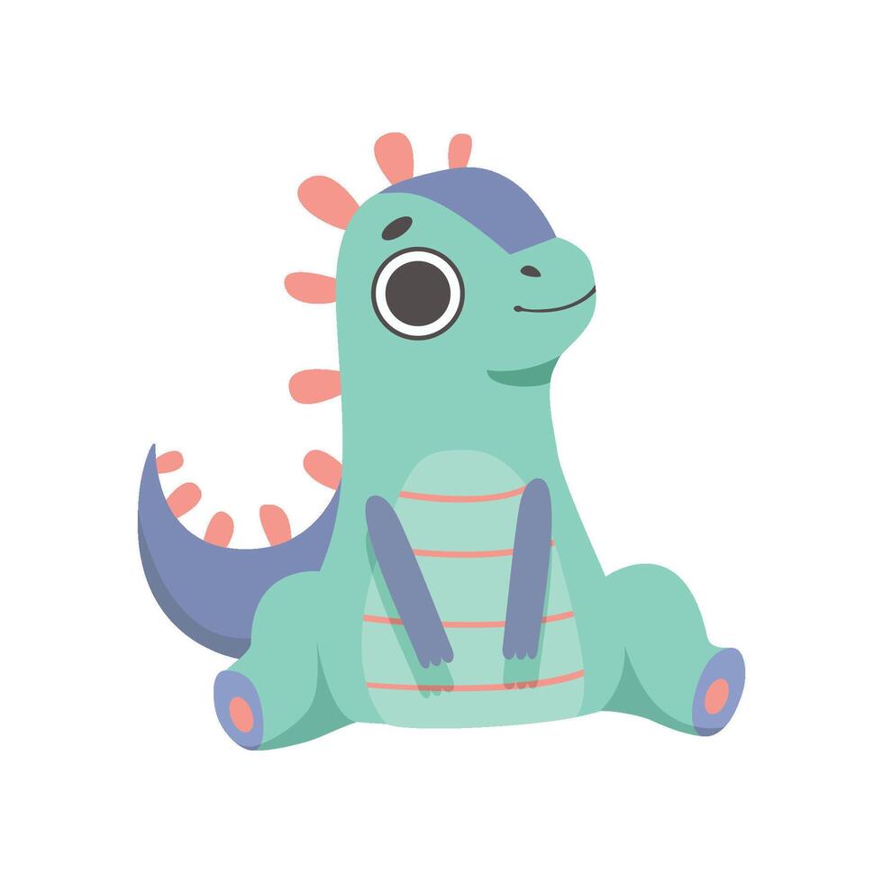 Cute Blue Little Dino, Adorable Baby Dinosaur Character Sitting on Floor Illustration vector