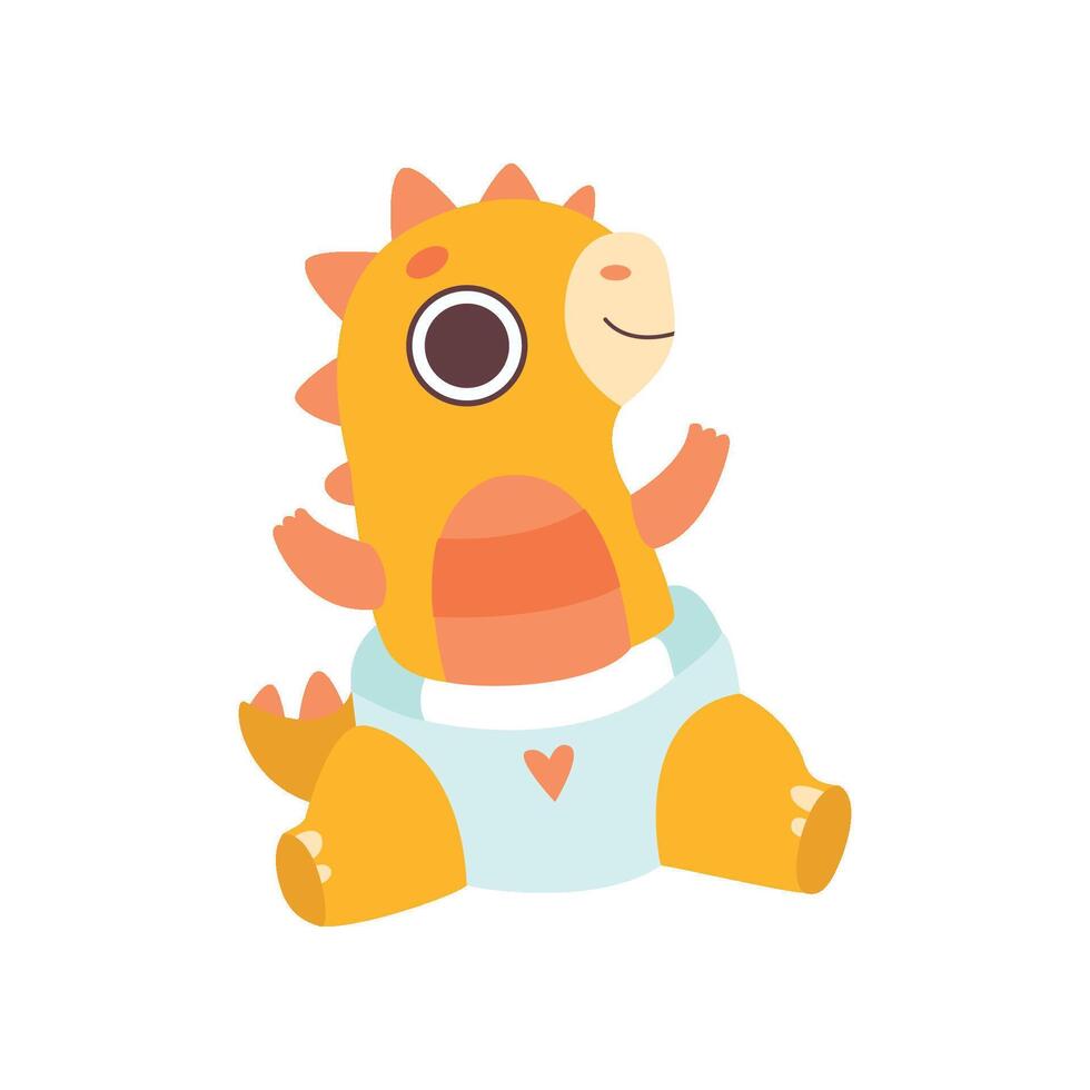 Cute Orange Little Dino Wearing Diaper, Adorable Baby Dinosaur Character Illustration vector