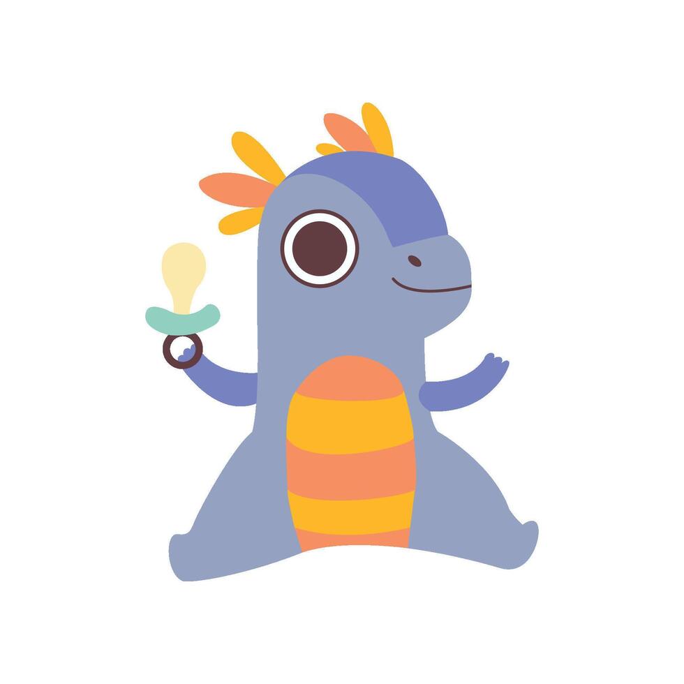 Cute Little Dino Sitting with Pacifier, Adorable Baby Dinosaur Character Illustration vector
