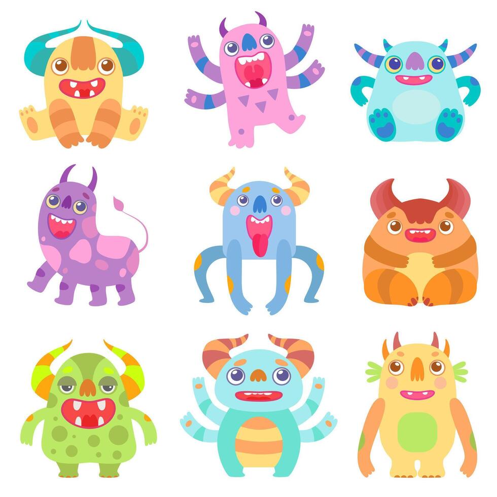Cute Friendly Monsters with Horns, Friendly Funny Aliens Cartoon Characters Fantastic Creatures Illustration vector