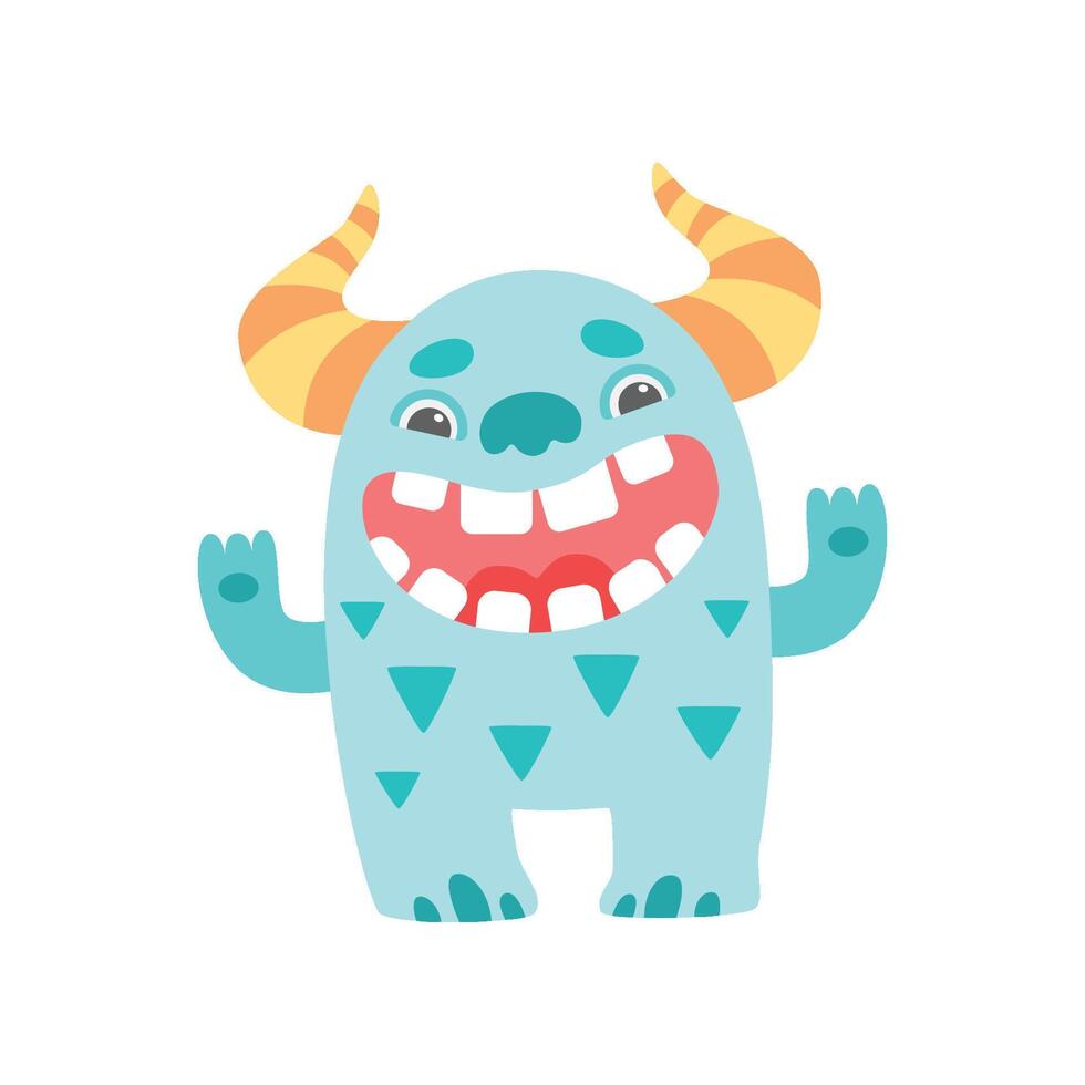 Cute Smiling Toothy Monster with Horns, Friendly Funny Alien Cartoon Character Illustration vector