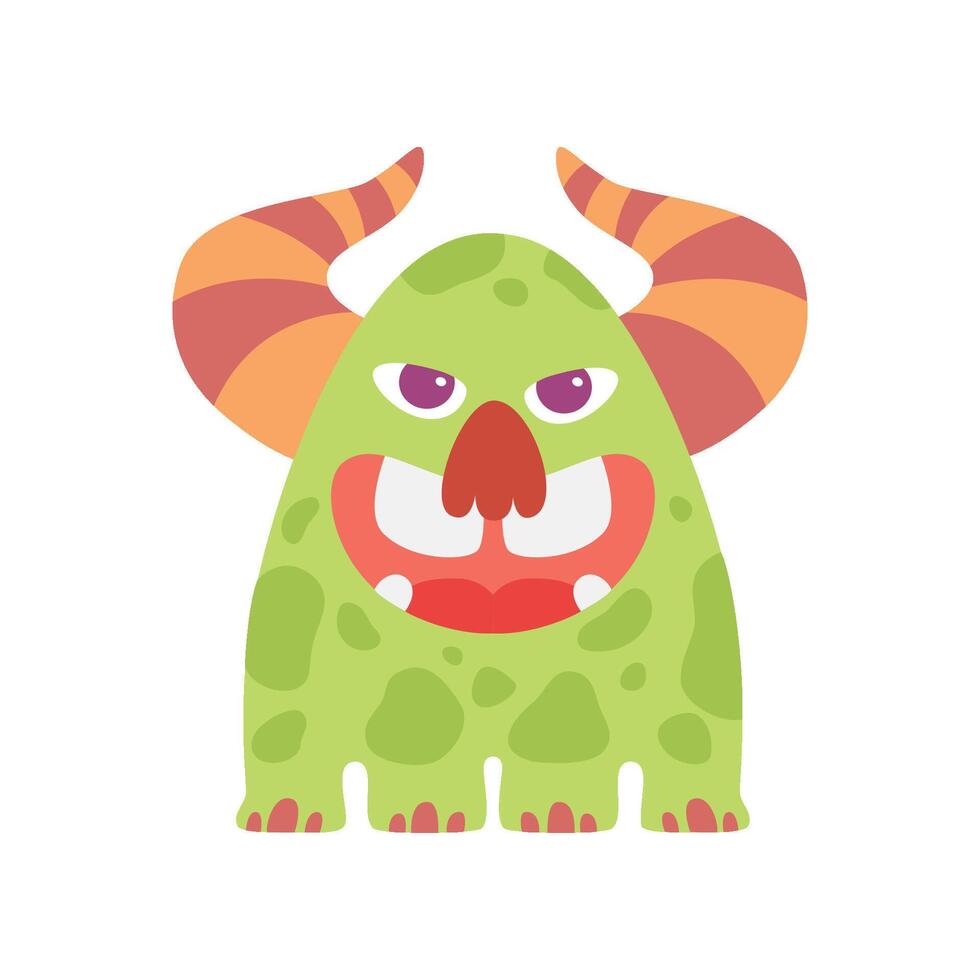 Cute Green Monster with Horns, Friendly Funny Alien Cartoon Character Illustration vector