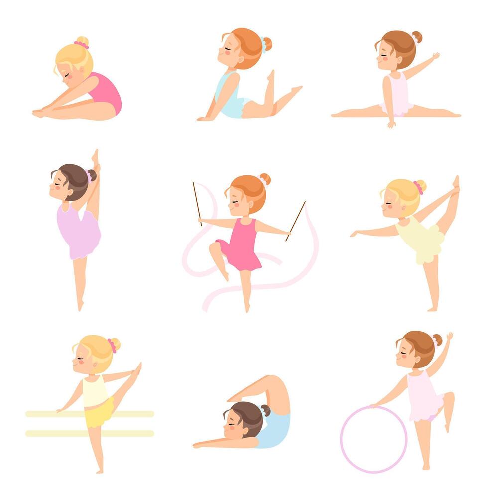 Cute Little Ballerinas Doing Exercises Set, Girls Gymnasts Characters Training in Leotards Illustration vector