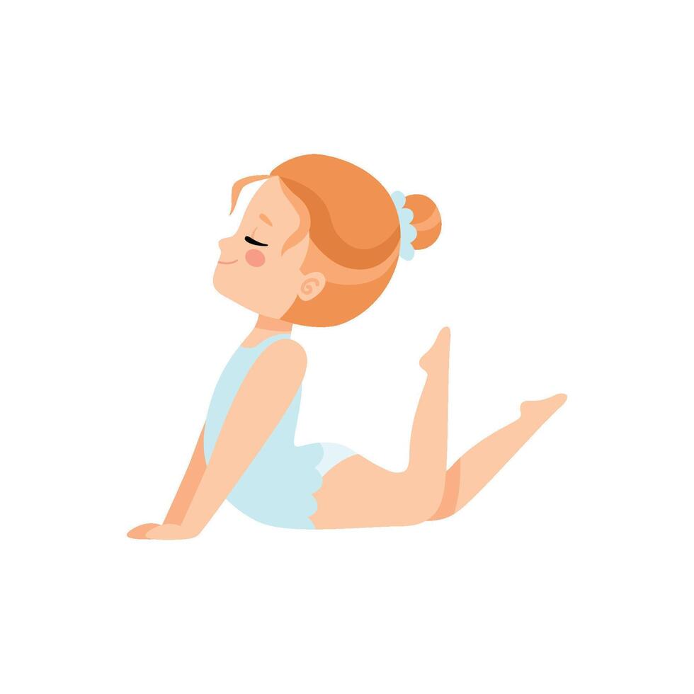 Cute Little Ballerina Doing Exercise, Girl Gymnast Character Training in Light Blue Leotard Illustration vector