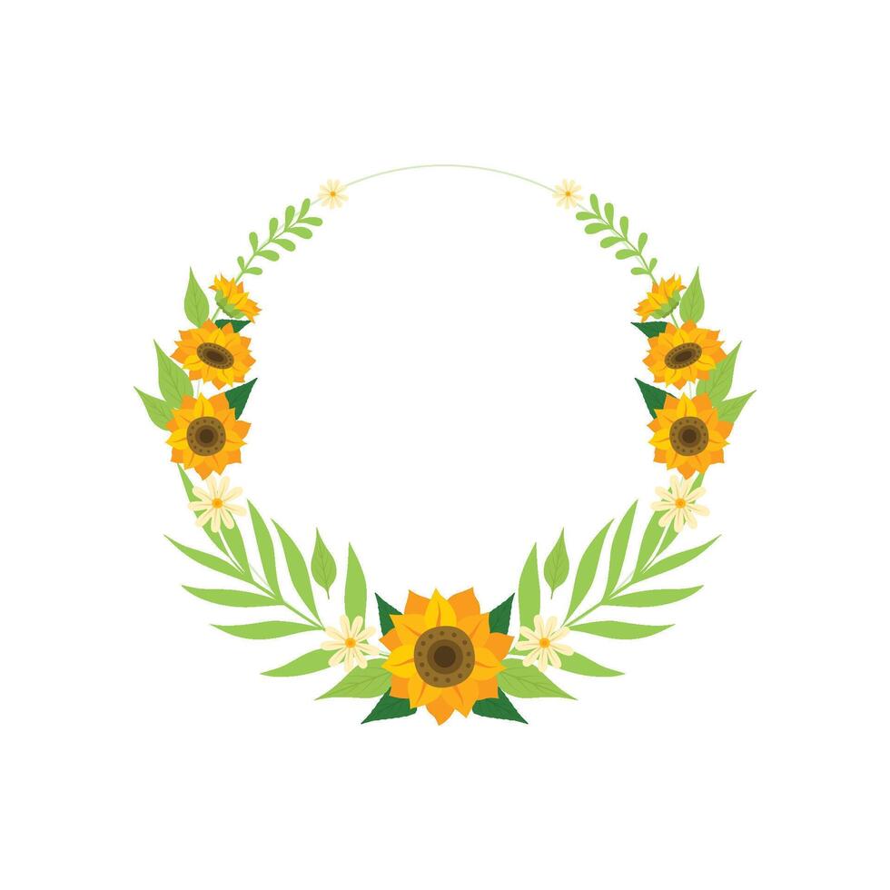 Floral Wreath with Sunflowers, Circle Frame with Flowers and Leaves Illustration vector