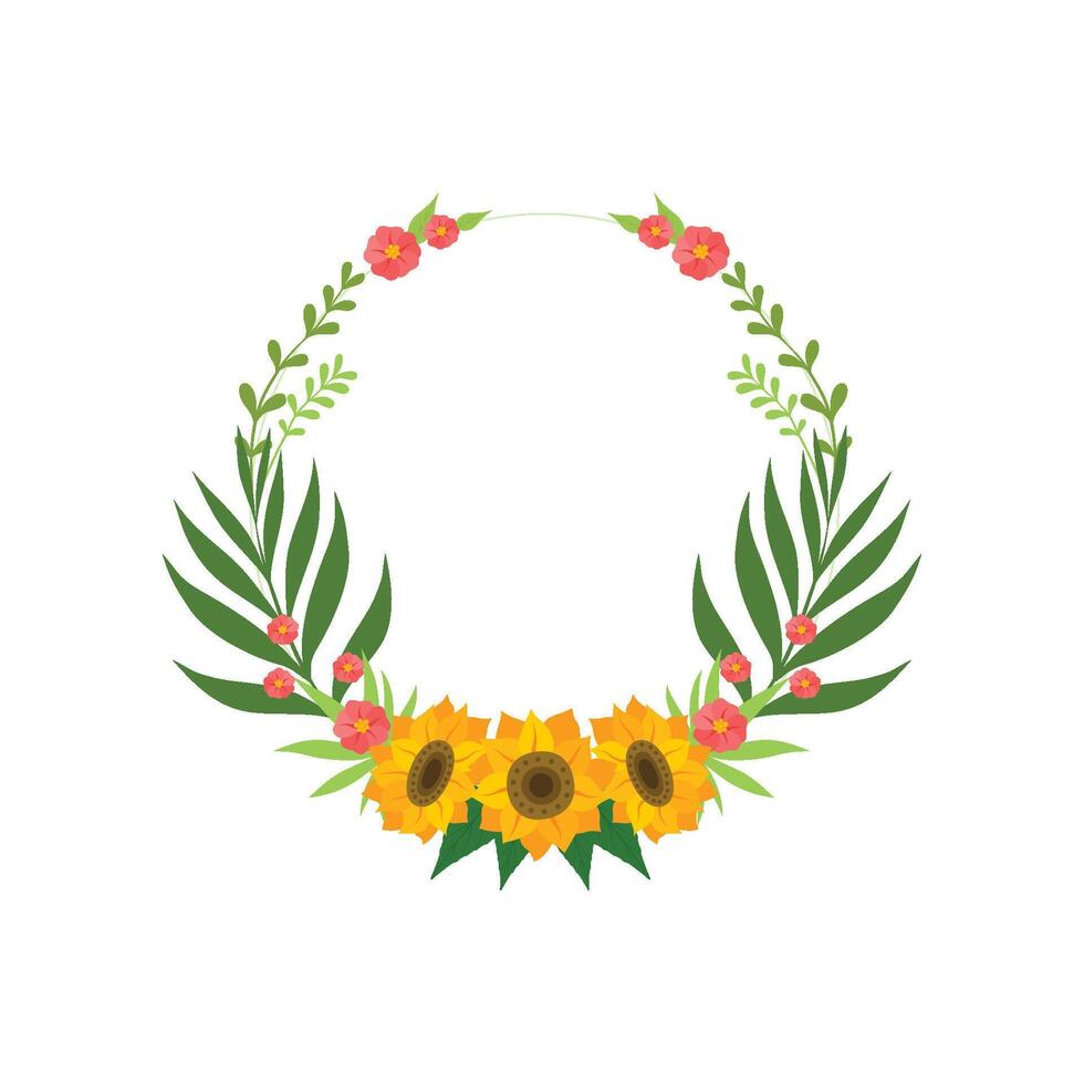 Floral Wreath with Sunflowers, Circle Frame with Leaves, Flowers and Place for Text Illustration on White Background. vector