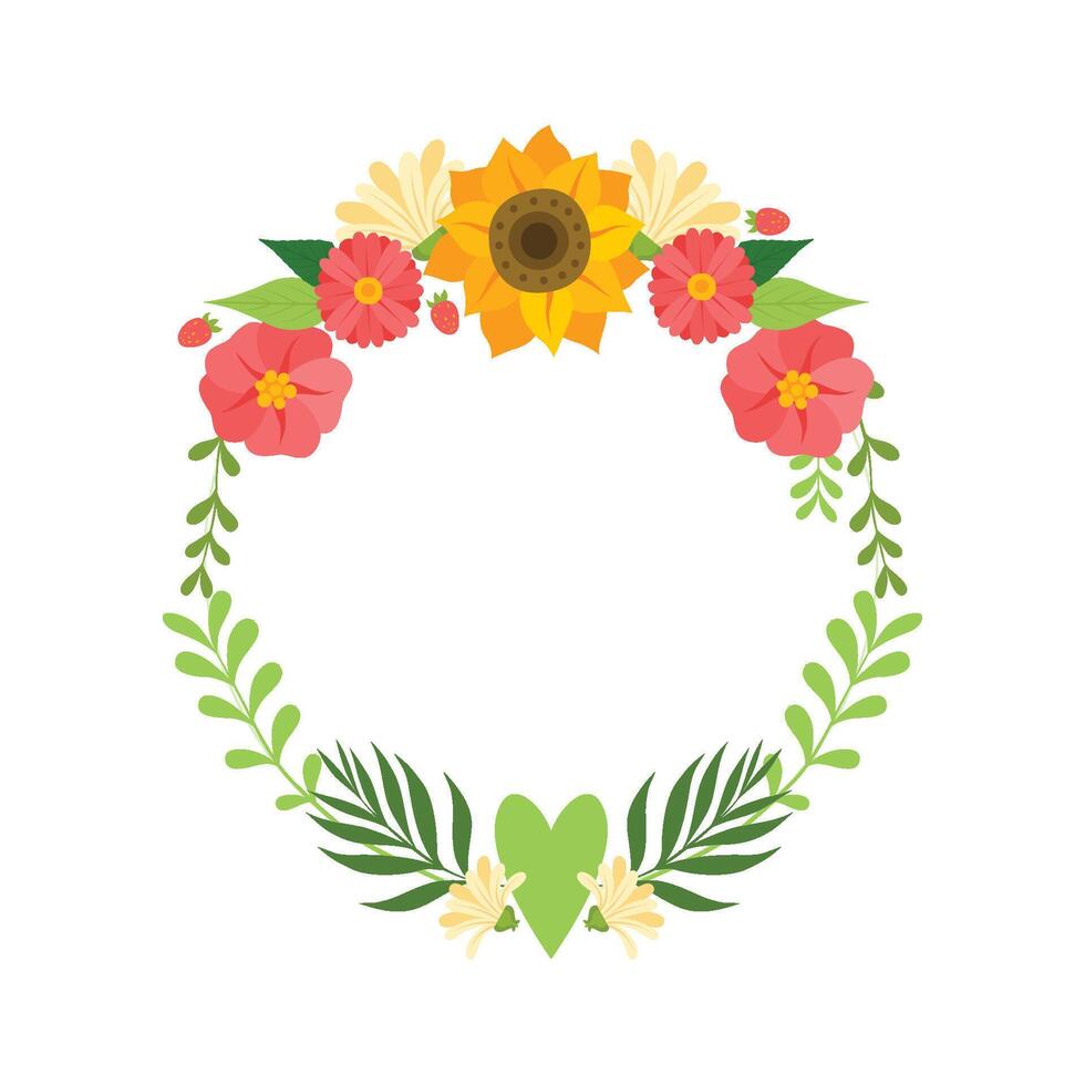 Floral Wreath with Bright Flowers, Circle Frame with Leaves, Sunflower and Place for Text, Design Element For Greeting Card, Invitation, Banner Illustration vector