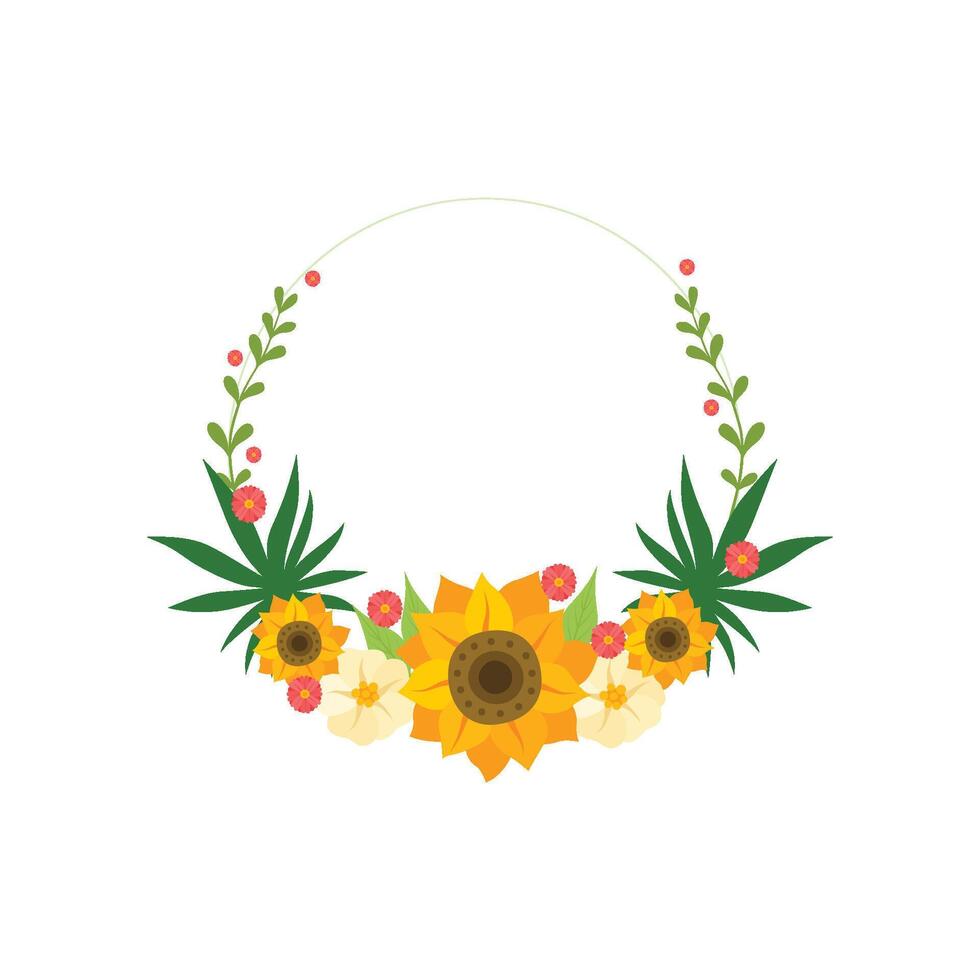 Floral Wreath Circle Frame with Sunflowers, Design Element For Greeting Card, Invitation Illustration vector