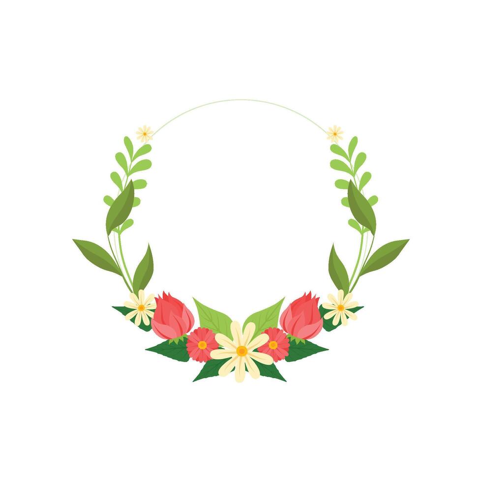 Floral Wreath Circle Frame with Blooming Flowers and Leaves, Design Element For Greeting Card, Invitation Illustration vector