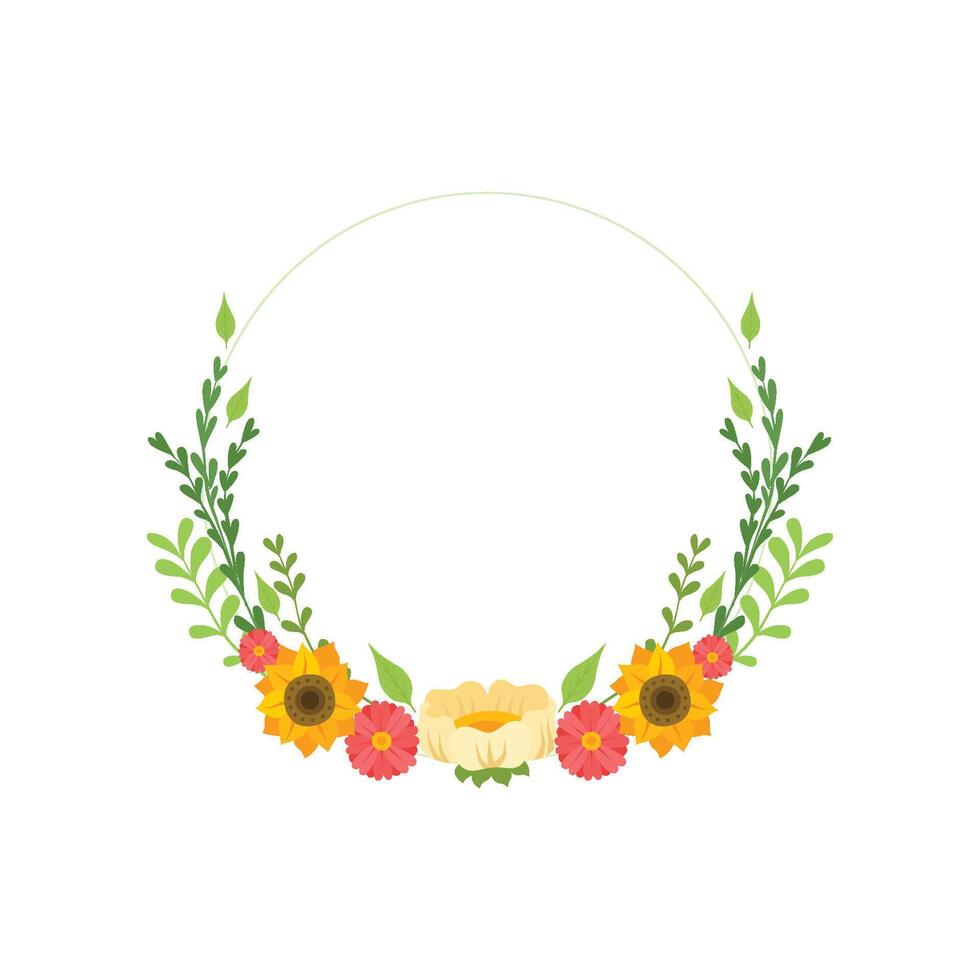 Floral Wreath Circle Frame with Blooming Flowers, Design Element For Greeting Card, Invitation Illustration vector