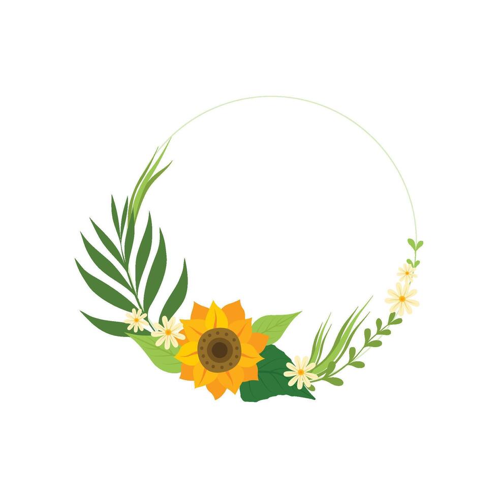 Floral Circle Frame with Sunflower, Green Leaves and Place for Text, Design Element For Greeting Card, Invitation, Banner Illustration vector