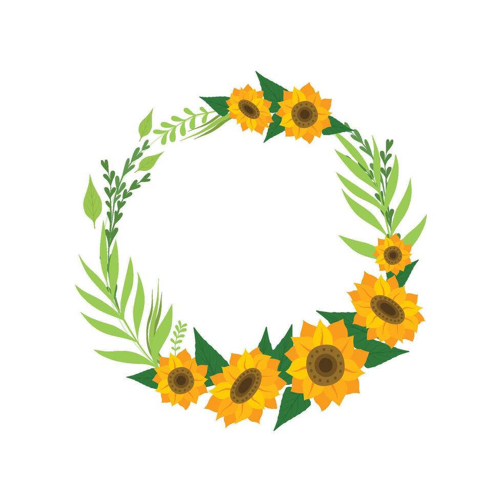 Wreath with Sunflowers, Floral Round Border with Flowers and Leaves, Design Element For Greeting Card, Invitation, Banner Illustration vector