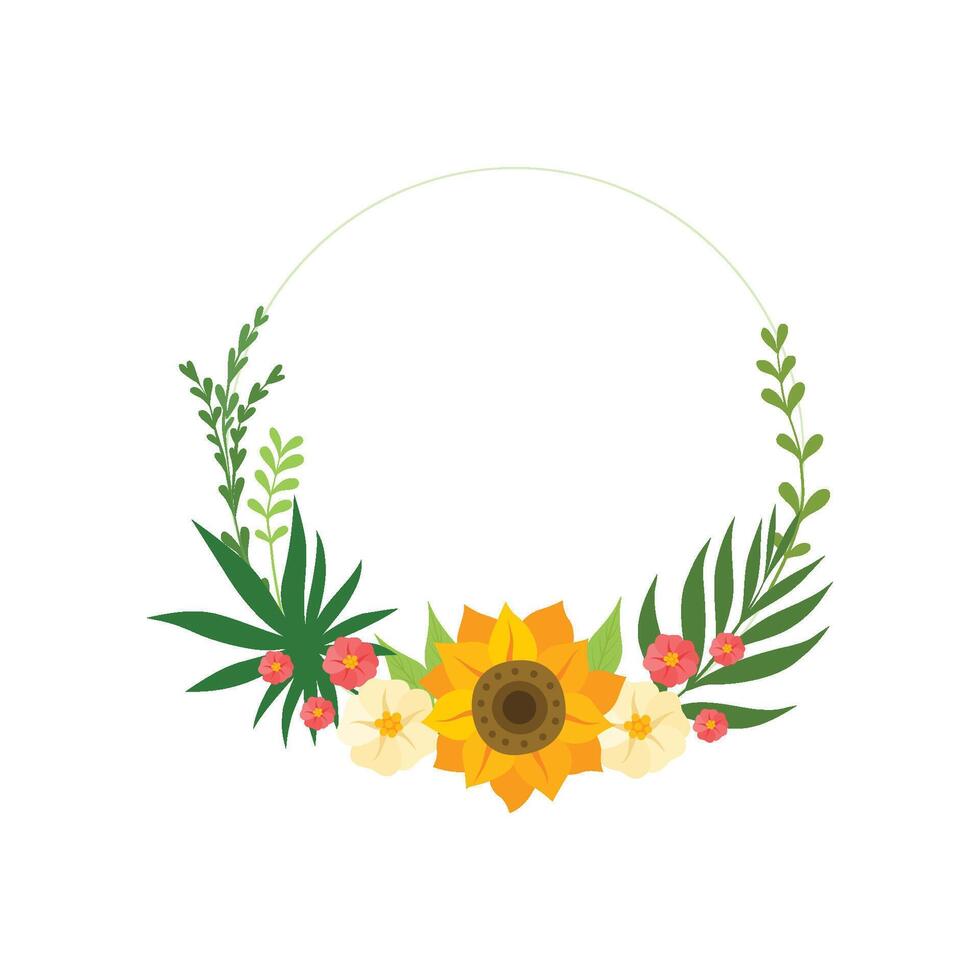 Floral Circle Frame with Blooming Flowers, Leaves and Place for Text, Design Element For Greeting Card, Invitation, Banner Illustration vector