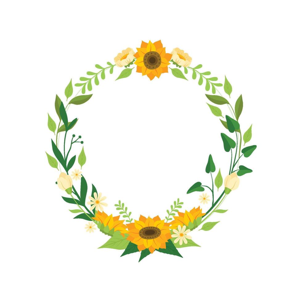 Floral Wreath with Sunflowers, Circle Frame with Leaves, Flowers and Place for Text, Design Element For Greeting Card, Invitation, Banner Illustration vector
