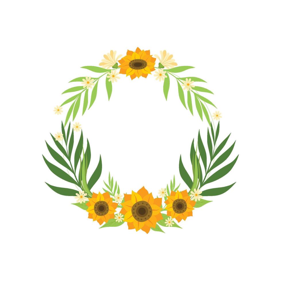 Floral Wreath with Sunflowers and Leaves, Circle Frame with Place for Text, Design Element For Greeting Card, Invitation Illustration vector