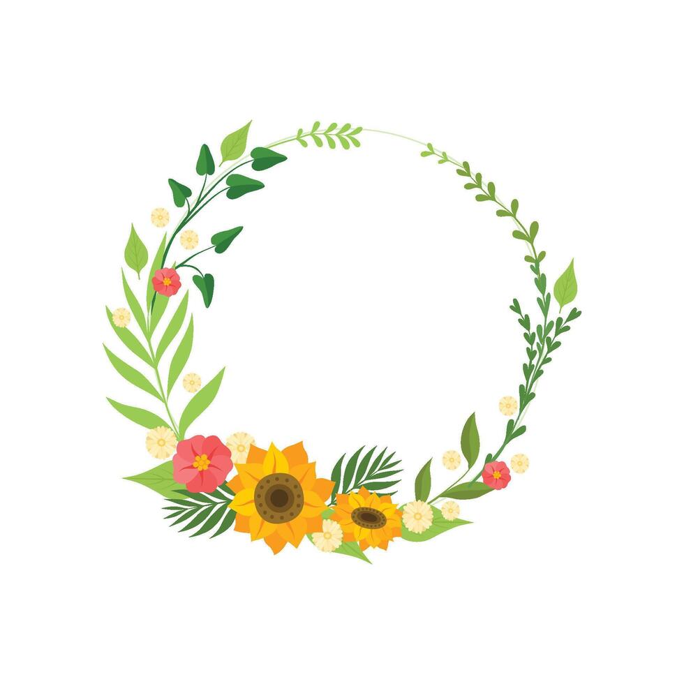 Floral Wreath with Blooming Flowers and Leaves, Circle Frame with Place for Text, Design Element For Greeting Card, Invitation Illustration vector