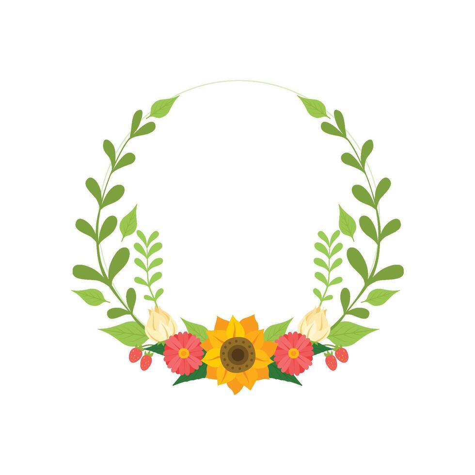 Floral Wreath, Round Border with Flowers and Leaves, Design Element For Greeting Card, Invitation Illustration vector