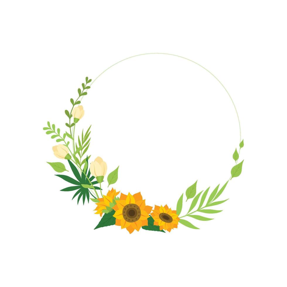 Floral Circle Frame with Leaves, Sunflowers and Place for Text, Design Element For Greeting Card, Invitation, Banner Illustration vector