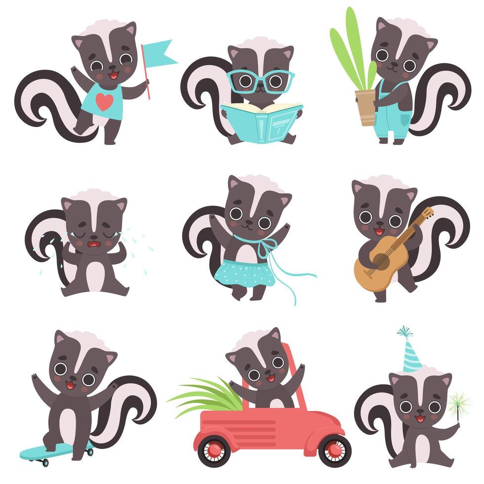 Cute Little Skunks Set, Adorable Baby Animals Cartoon Characters in Different Situations Illustration vector
