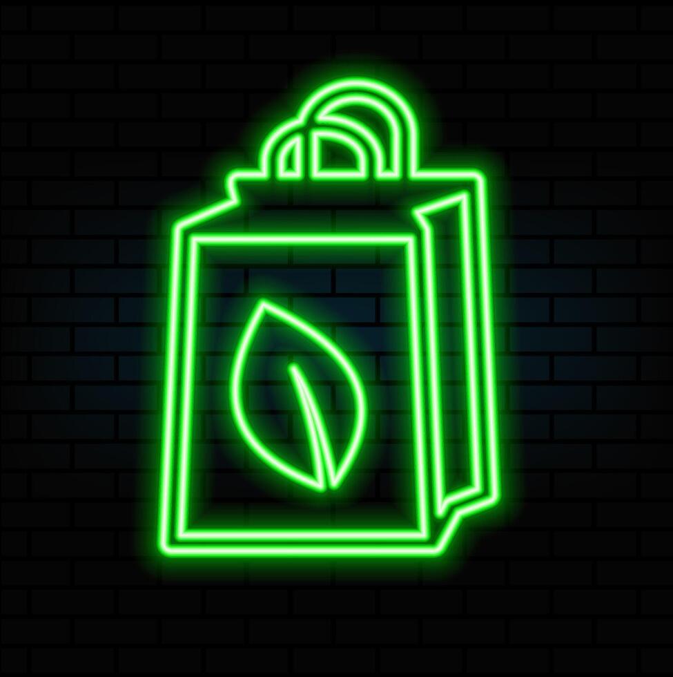 Futuristic glowing low polygonal paper shopping bag with green leaf isolated on dark blue background. Eco shopping concept. Modern vector